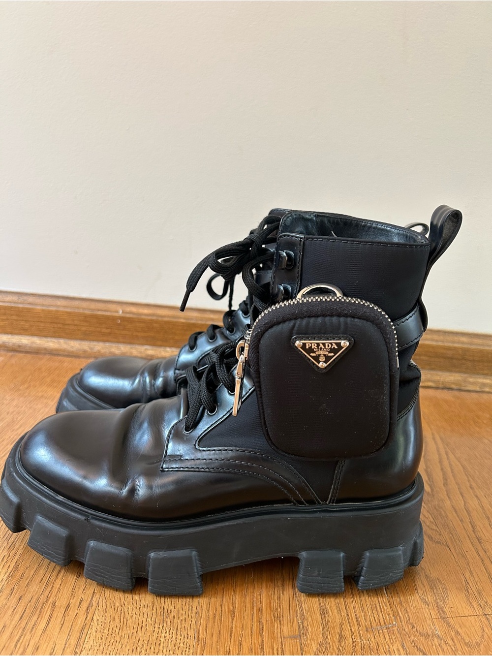 Prada Monolith Leather and Re-Nylon Combat Boots with Pouch